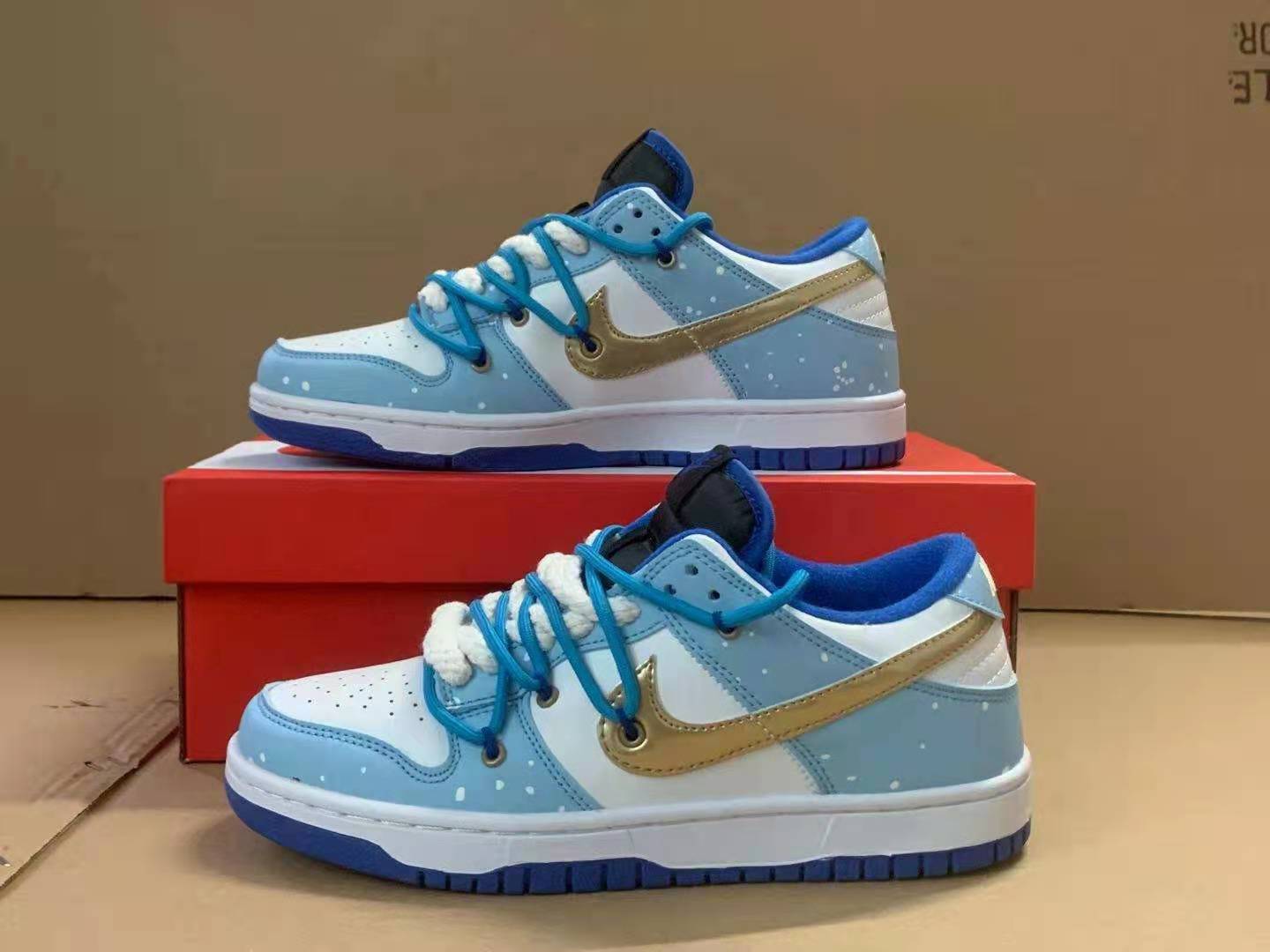 2021 Nike SB Dunk White Light Blue Gold Shoes